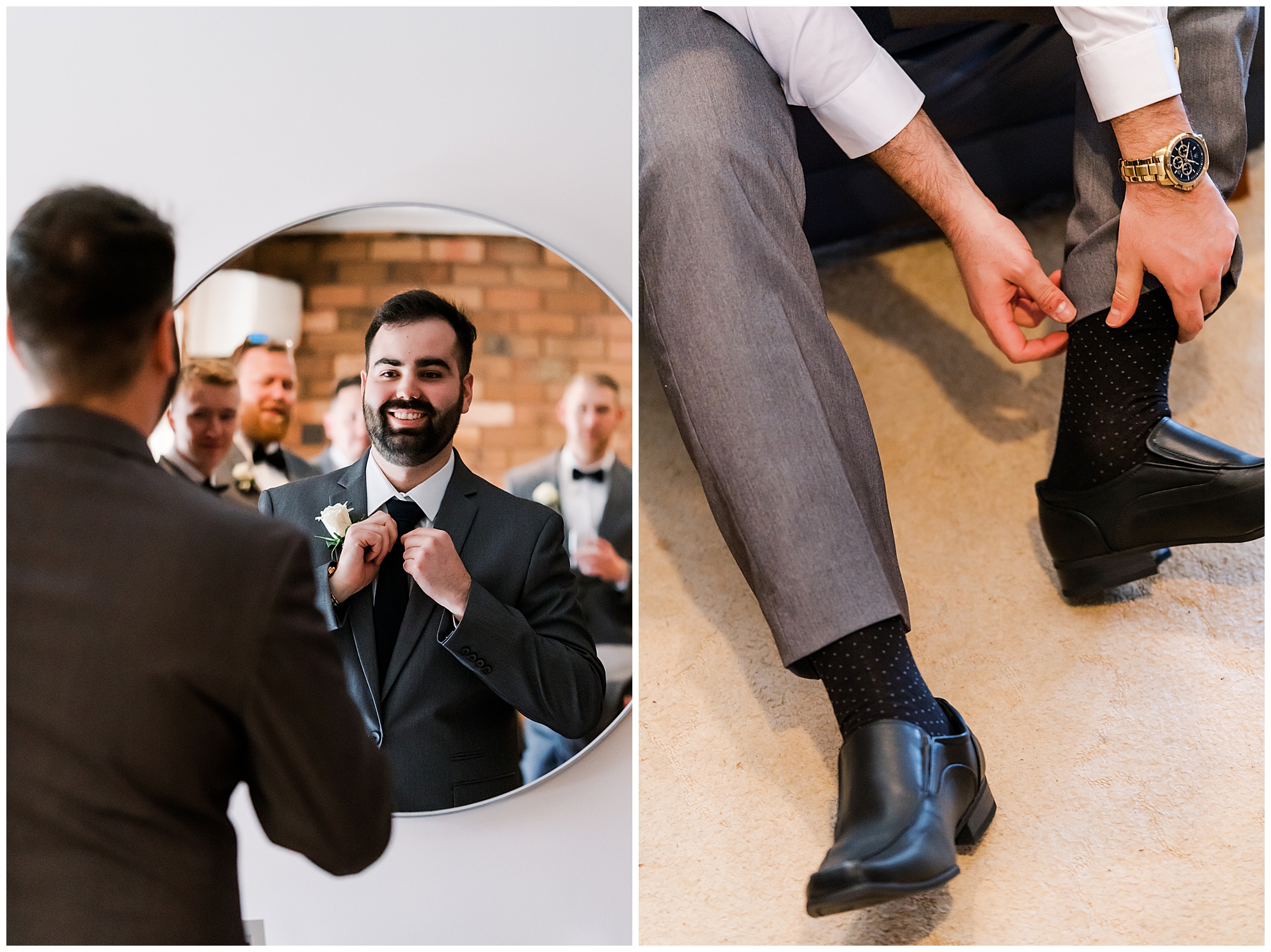 Groom tying his shoes for his wedding