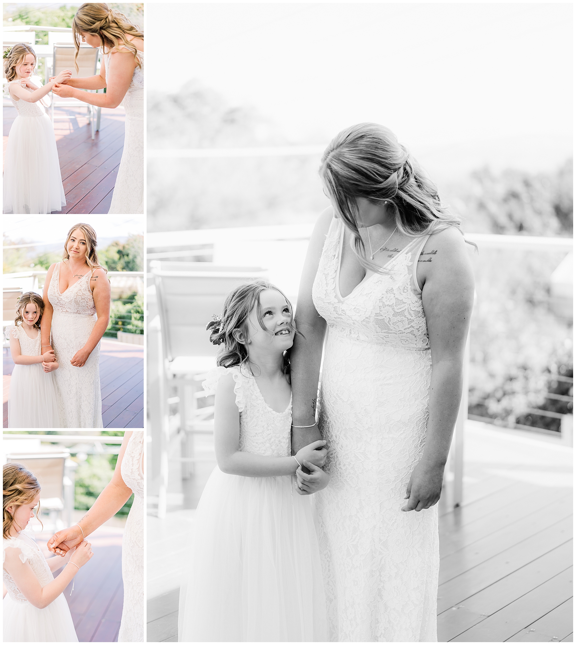 Bride standing with her daughter getting ready for her wedding