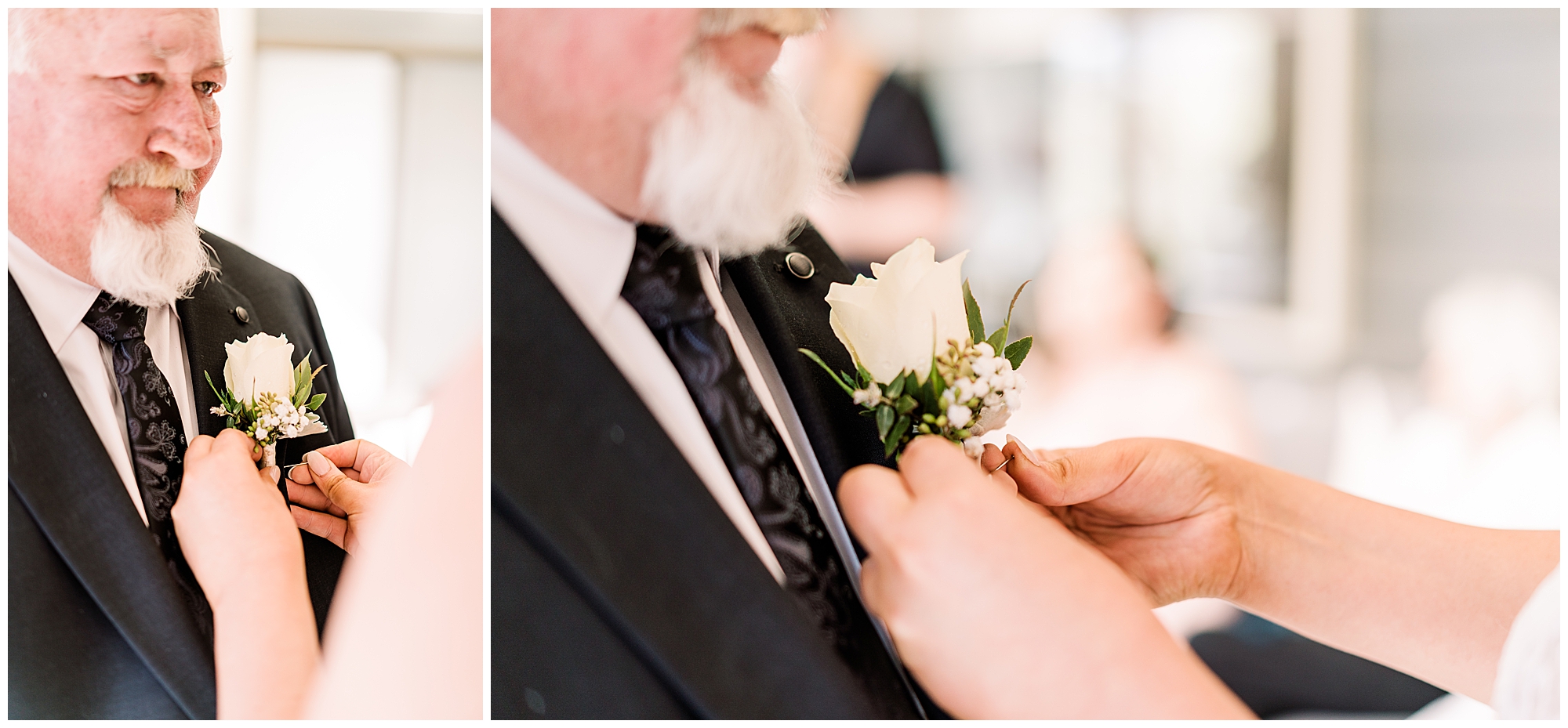 Bride pinning corsage on her dad