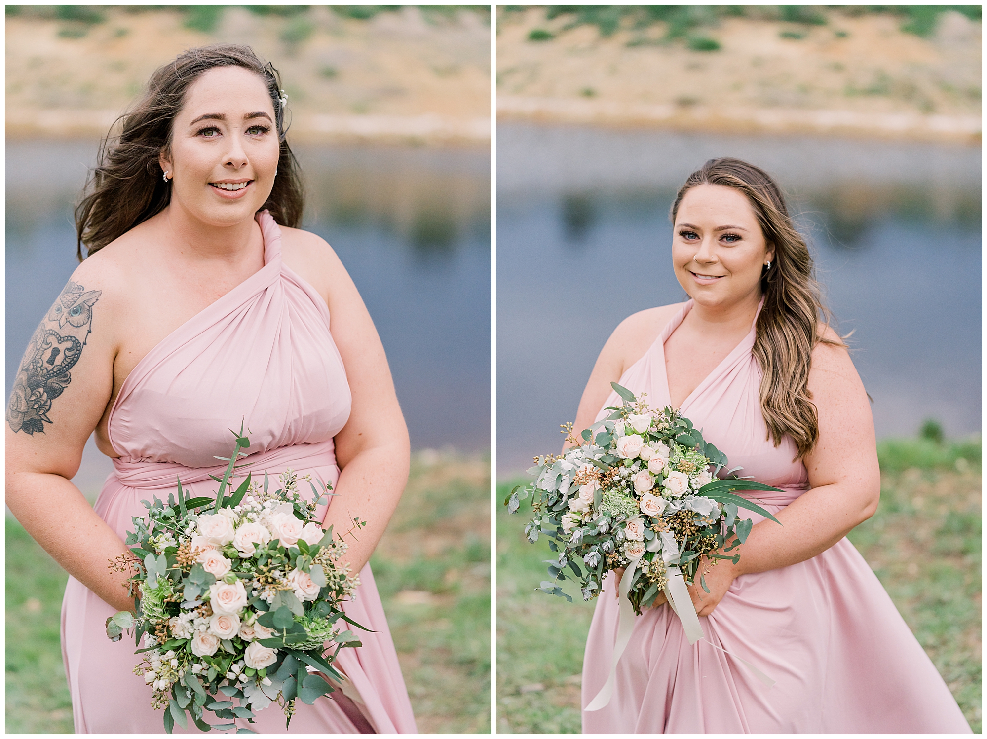 Bridesmaids  wearing infinity wrap blush pink dresses