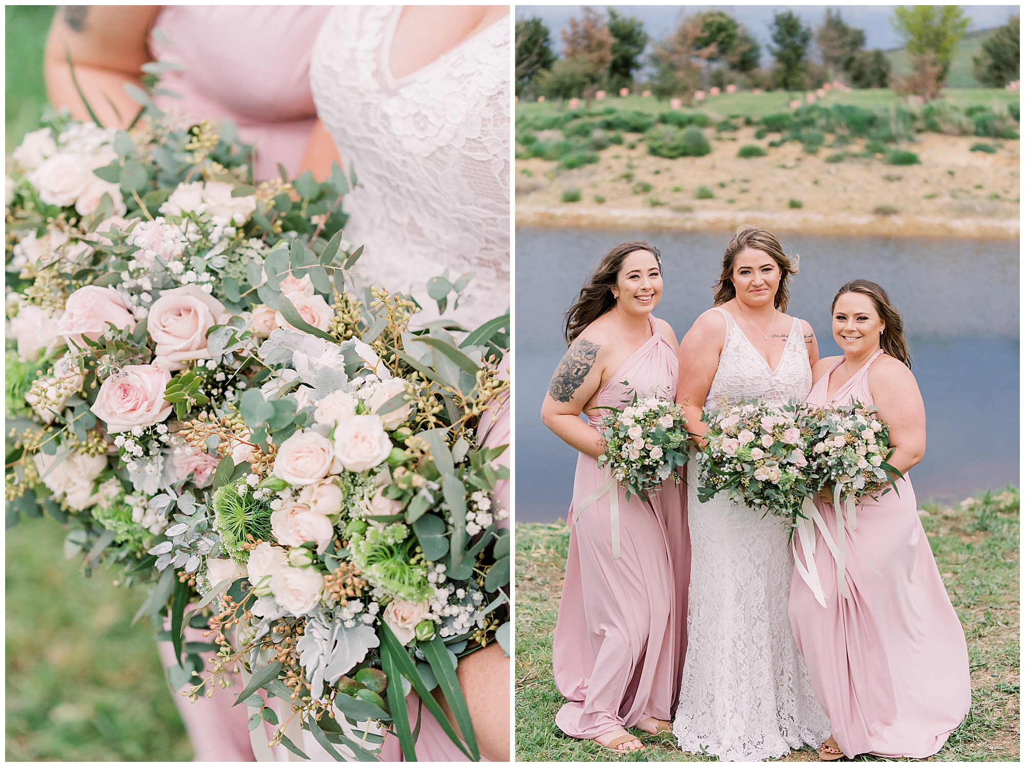 Stunning bridesmaids dresses in Blush pink with green flowers