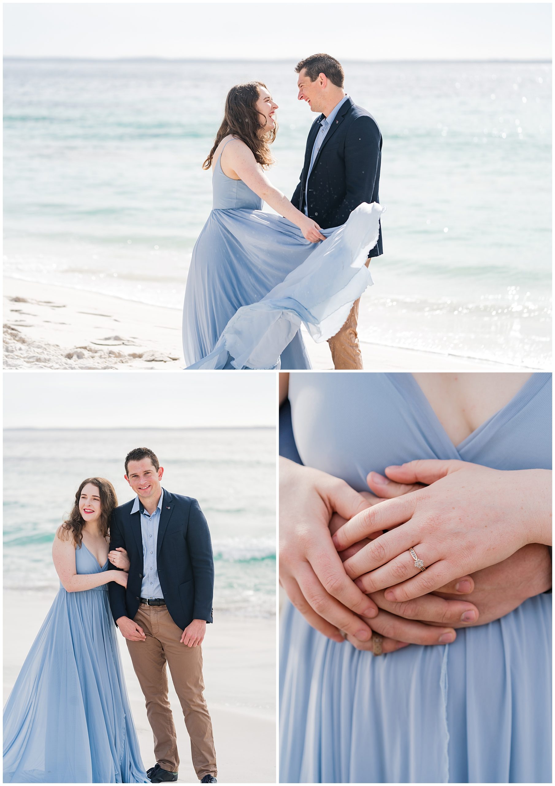 Couple laughing at their Engagement  session on a beach 