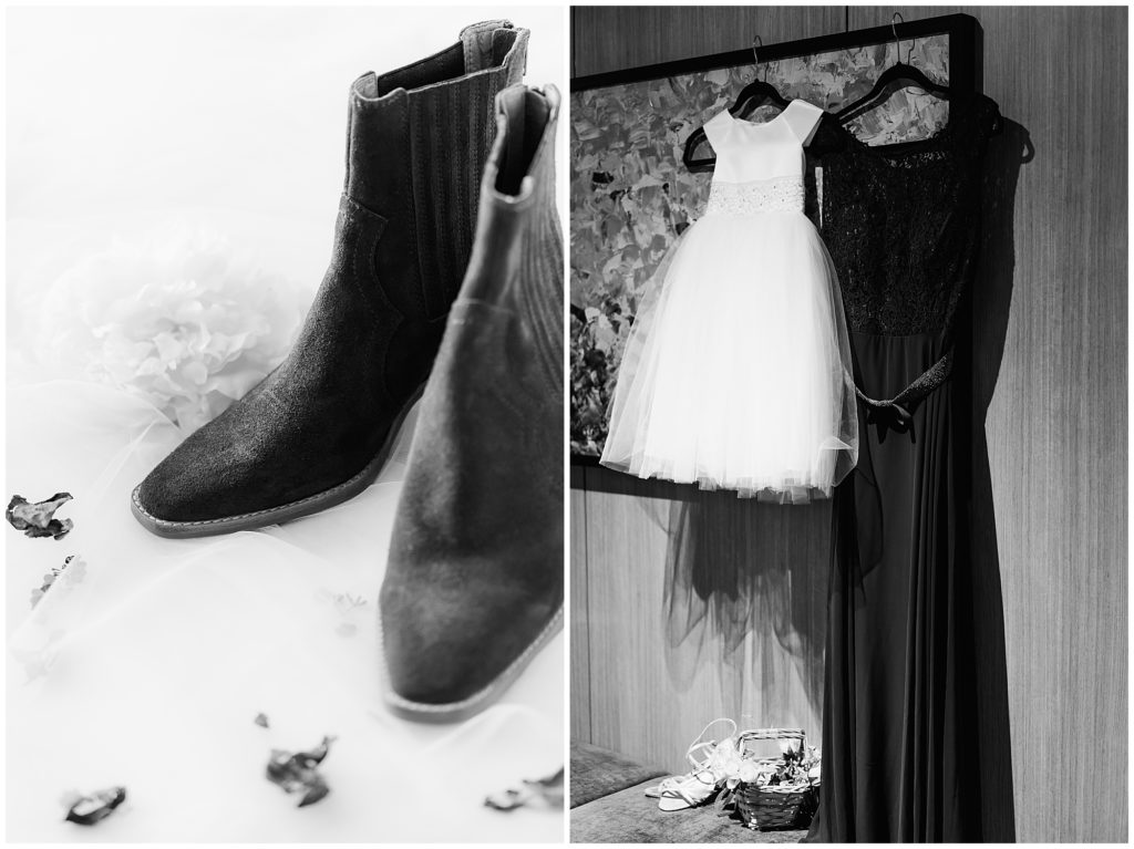 Brides dress and shoes in the hotel