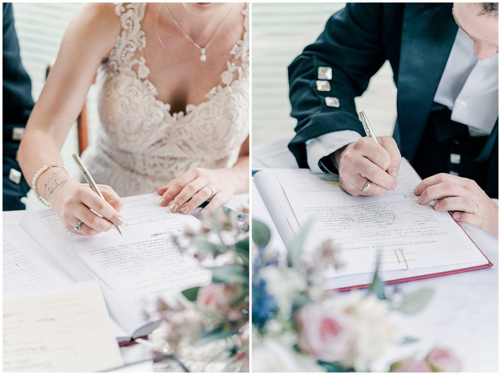Bride and groom signing marriage certificate
