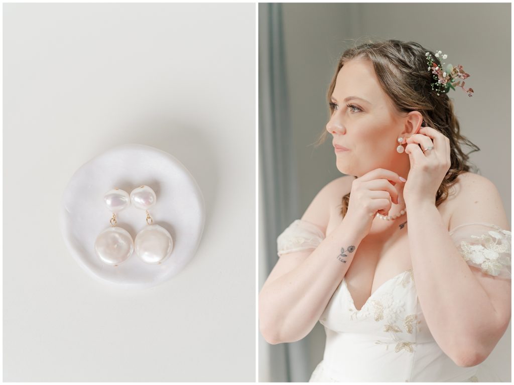 White pearls being worn as wedding earrings