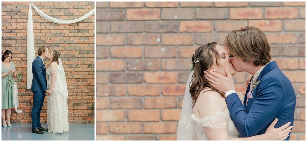 Bride and groom kissing for the first time after getting married
