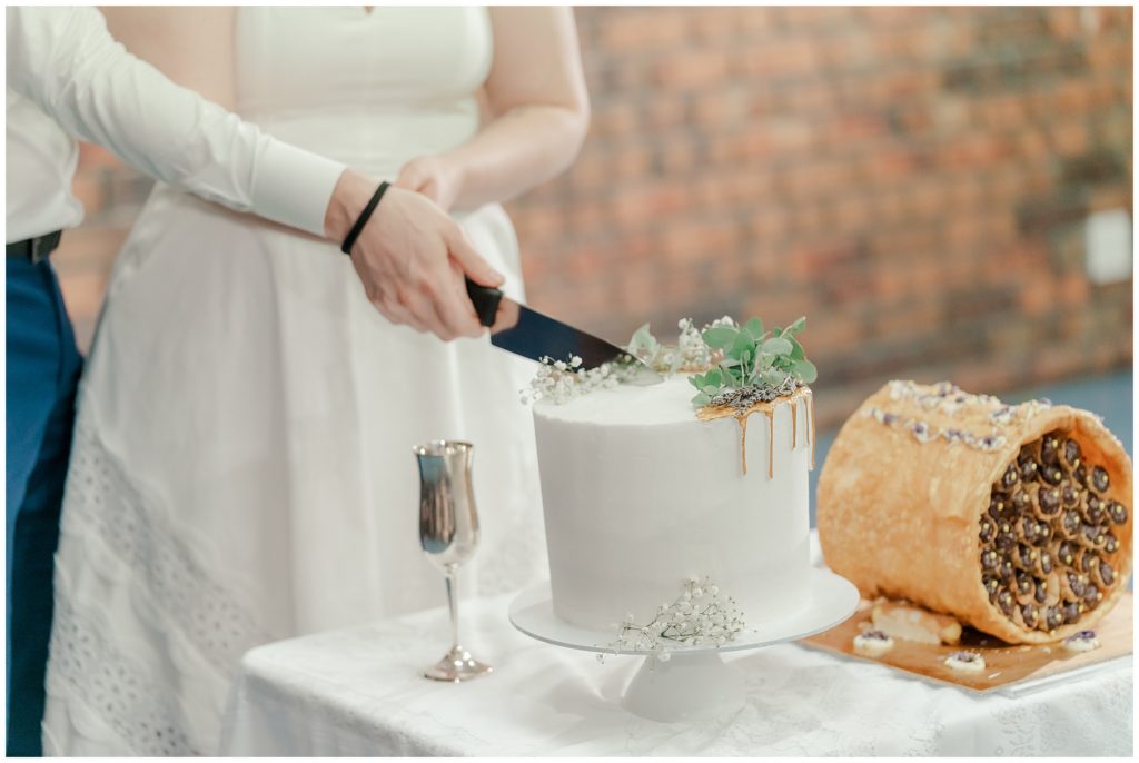 Bride and groom cutting their minimalistic wedding cake