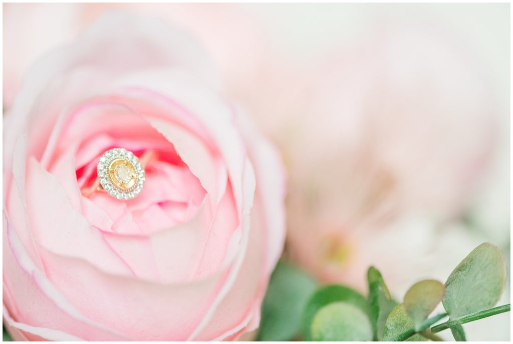 Pink rose with the brides ring