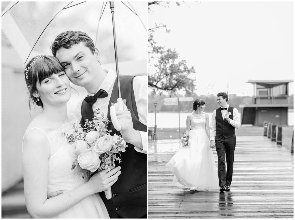 Black and white image of a happy couple that just got married at Lake Burley Griffin