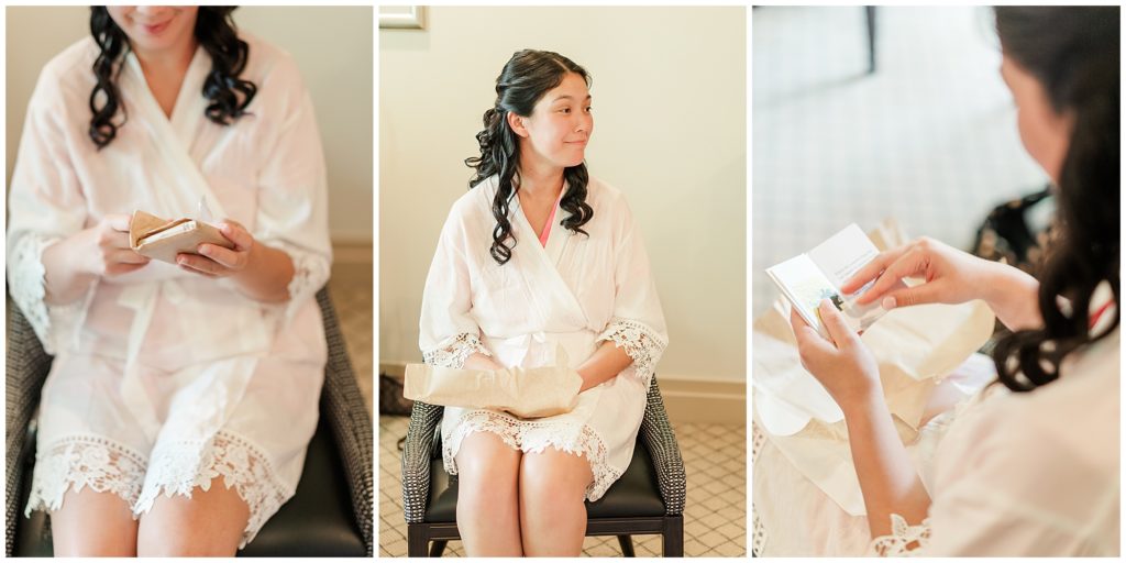 Bride reading a letter and opening a present form her groom | Canberra Wedding Photography