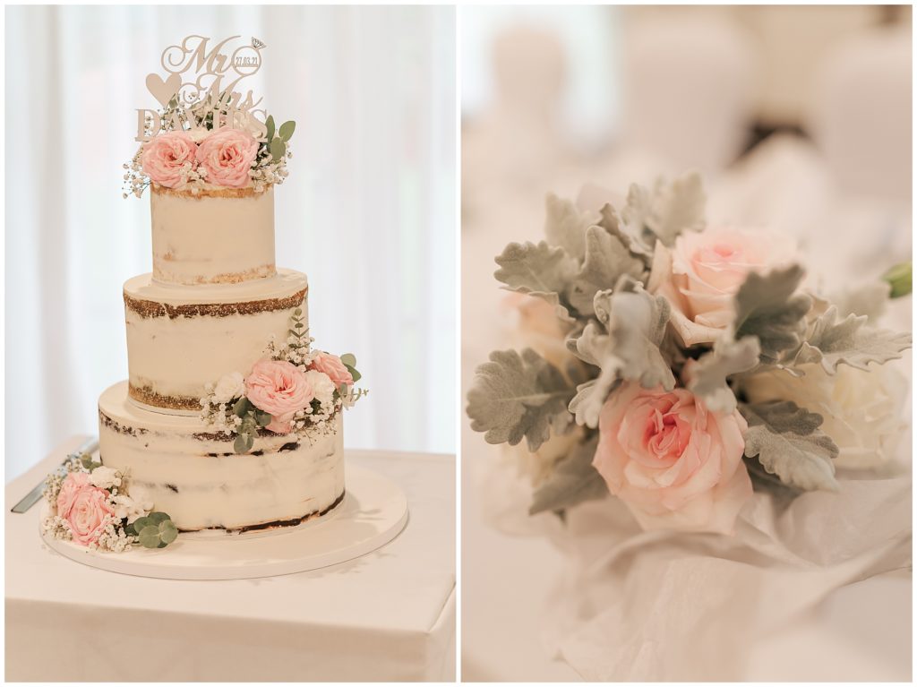 White wedding cake with blush roses