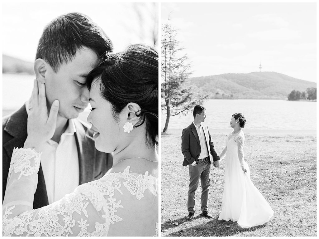 Black and white wedding photographs Canberra lake