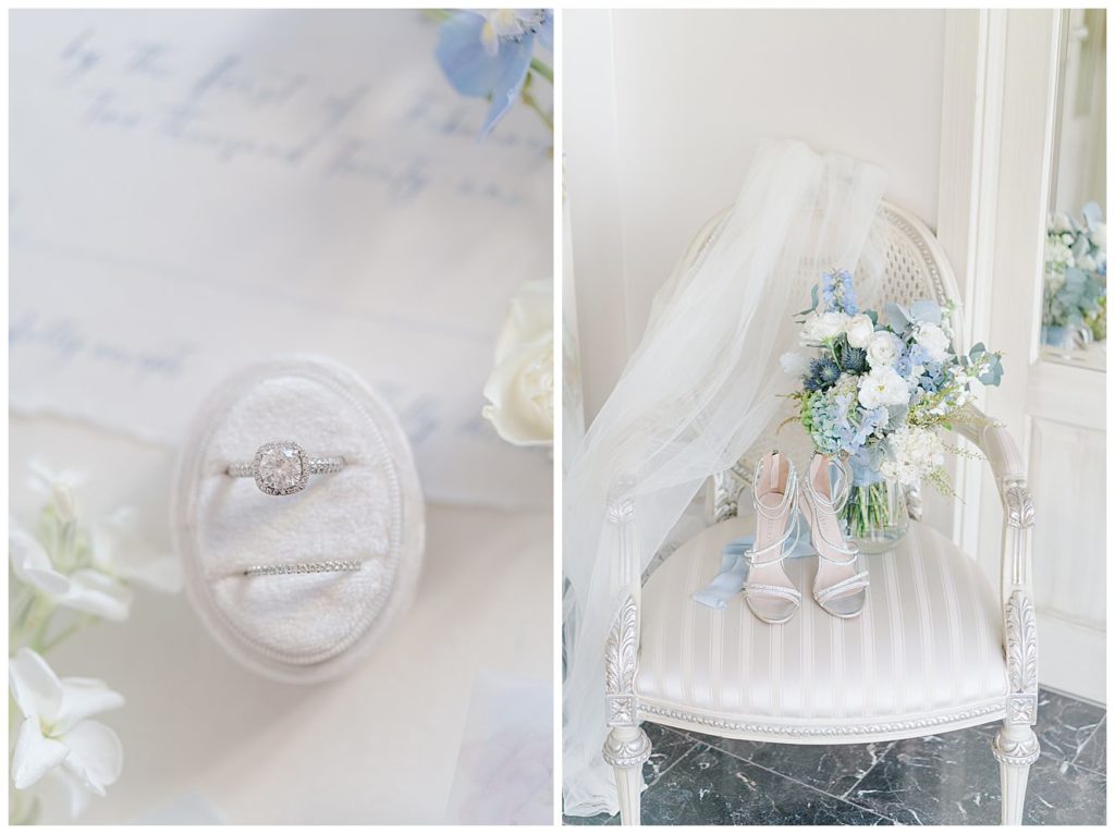 Wedding shoes and blue flowers at Terrara House wedding