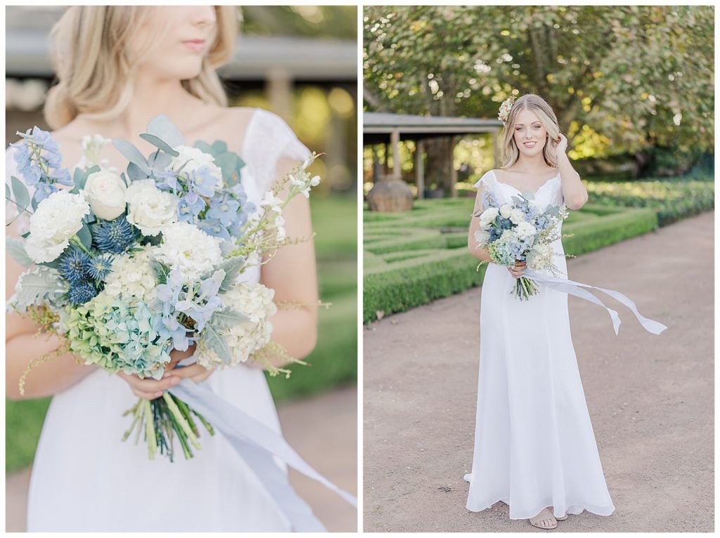 Bride holding her dusty blue bouquet  